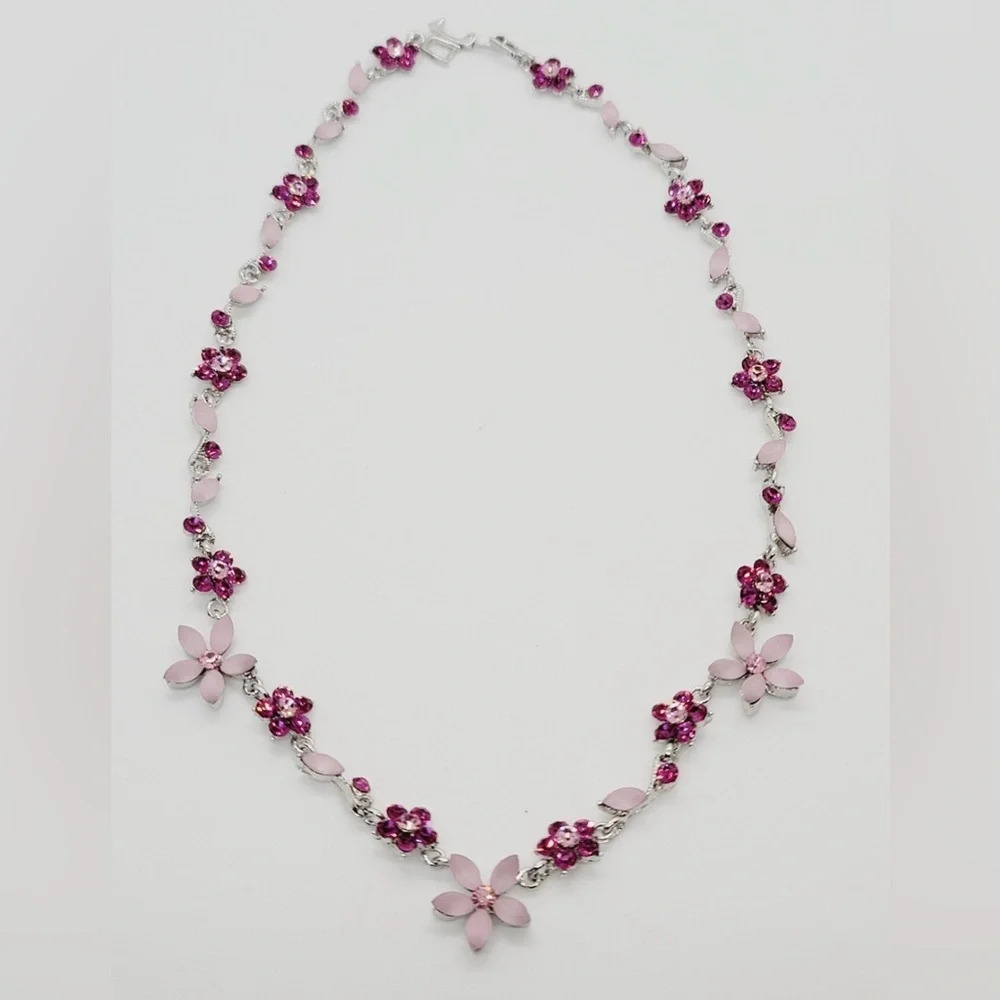 Rhodium plating silver pink flower necklace